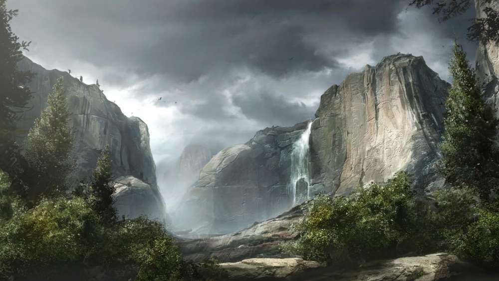 Majestic Waterfall Amidst Cloudy Cliffs wallpaper