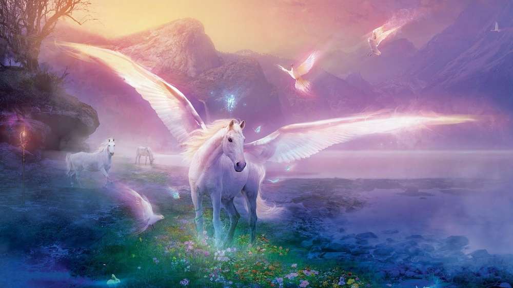 Mystical Winged Horses in Enchanted Dreamscape wallpaper