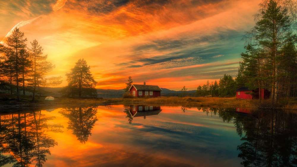 Tranquil Lakeside Sunset Charm wallpaper