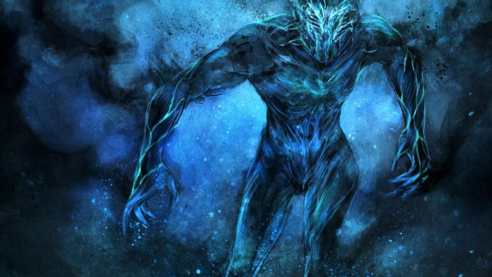 Blue Nightmare Creature Awakens in Shadows of Fantasy World wallpaper