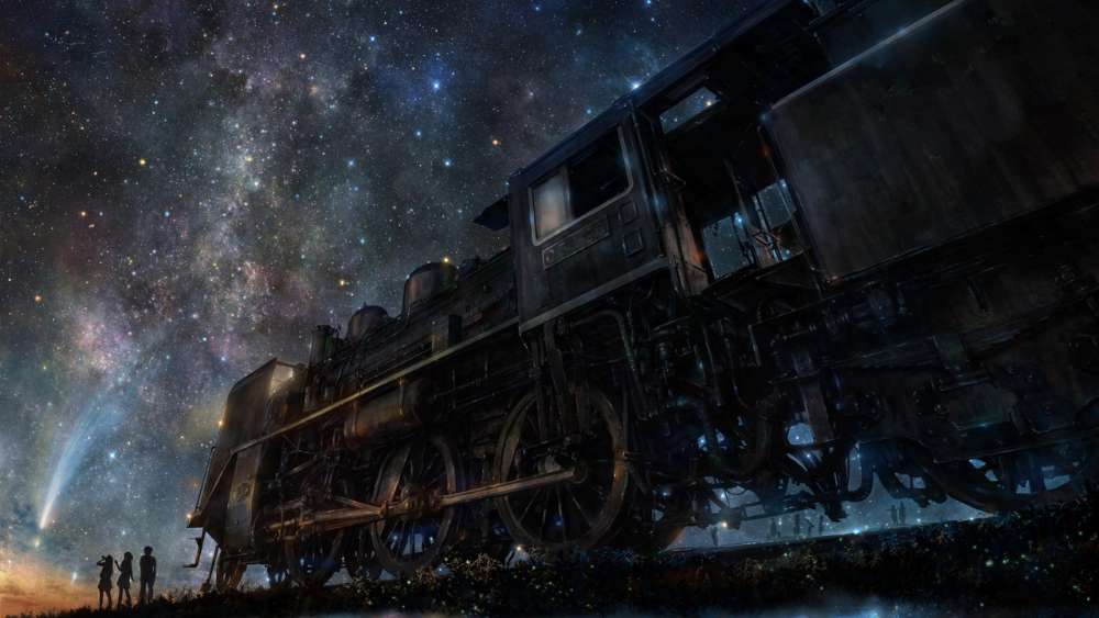 Mystical Night Train Under Starry Sky wallpaper