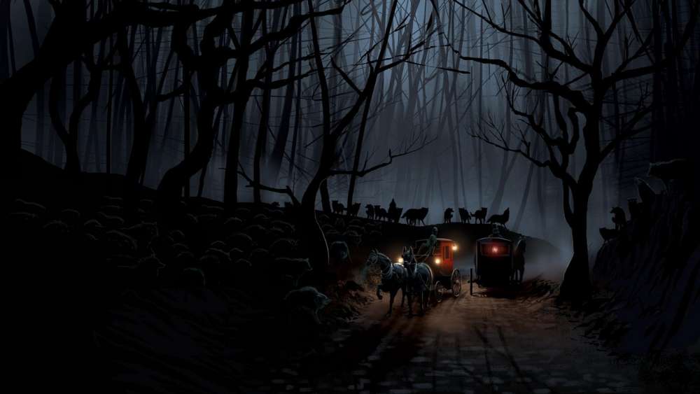 Mystical Carriage Ride Through an Eerie Forest wallpaper