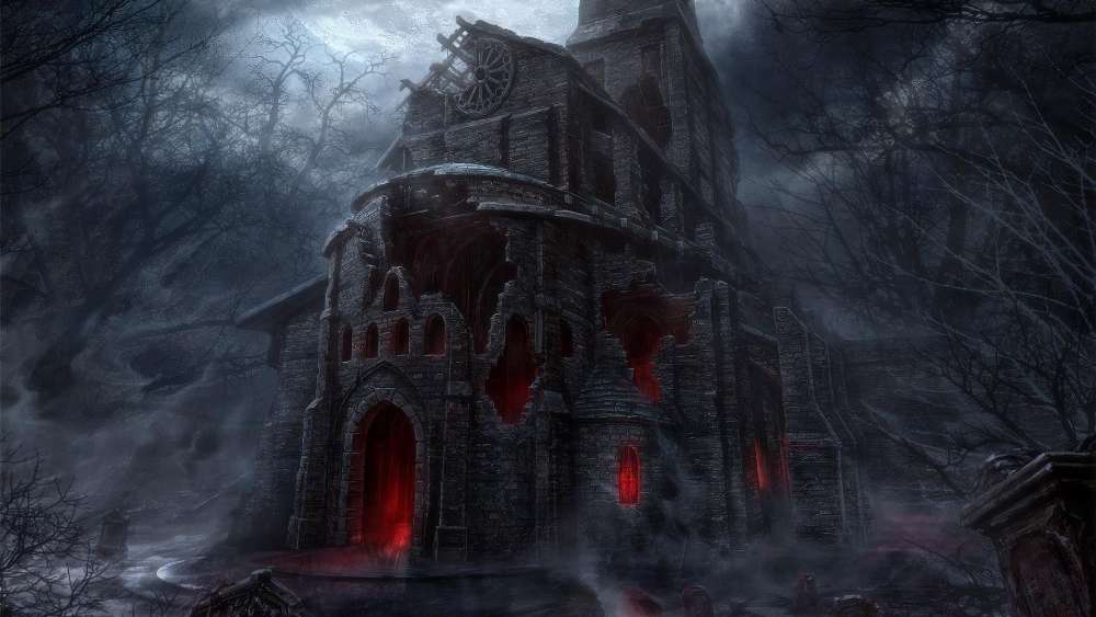 Enchanted Ruins Shrouded in Twilight Mist wallpaper
