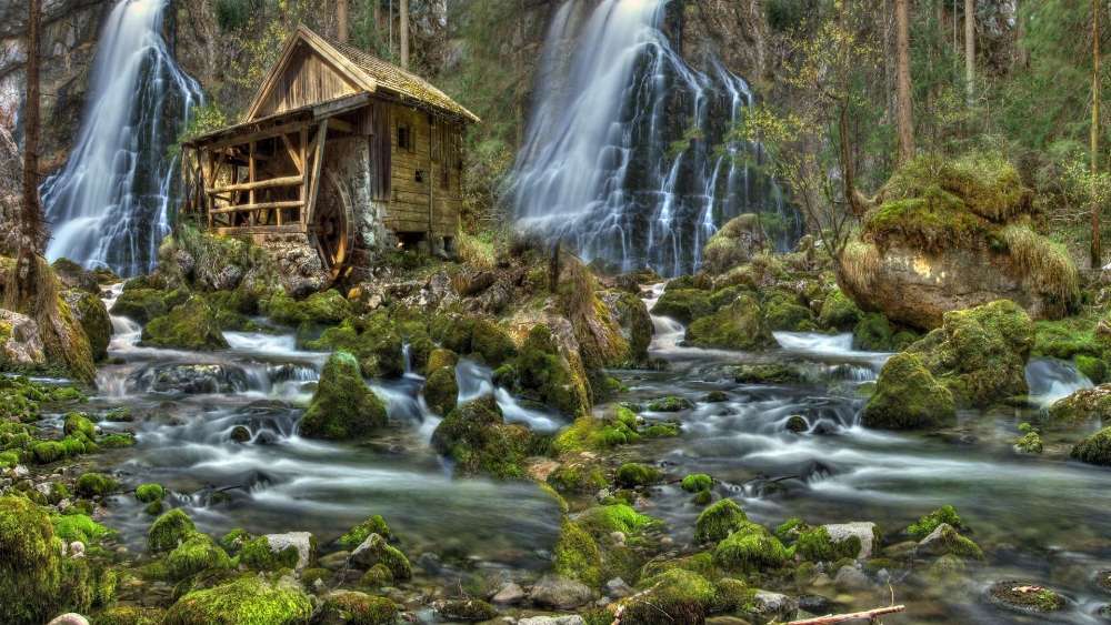 Enchanted Waterfall Cottage Retreat wallpaper