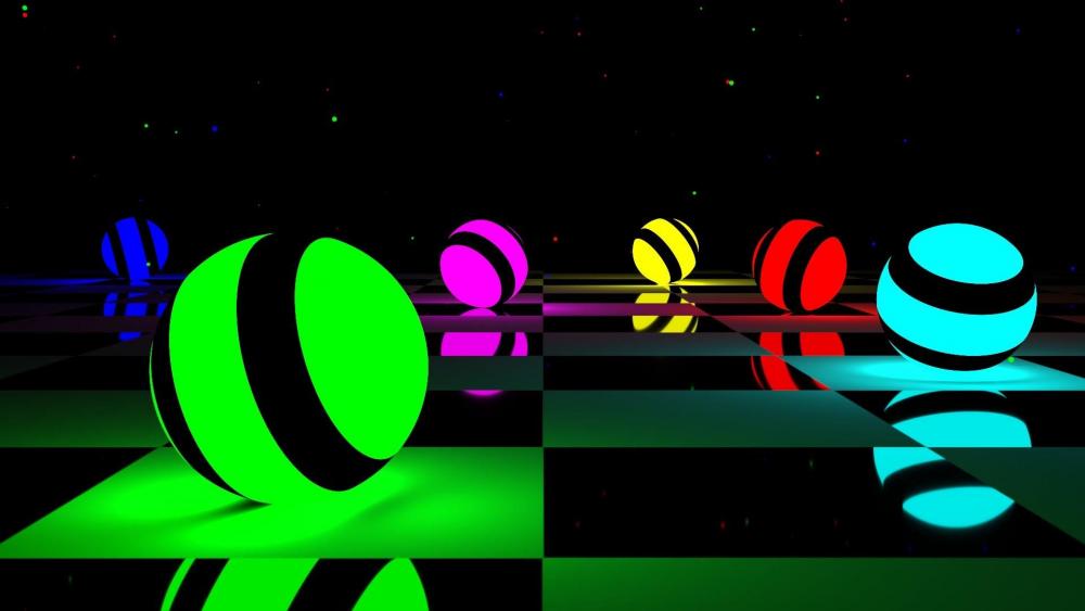 Colorful Spheres on a Checkered Plane wallpaper