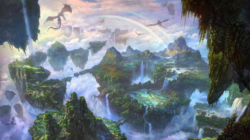 Mystical Dragon Realm in Misty Mountains wallpaper
