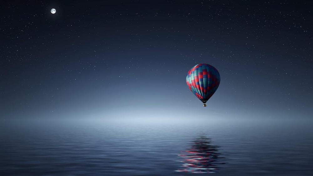 Midnight Balloon Adventure Over Tranquil Waters wallpaper