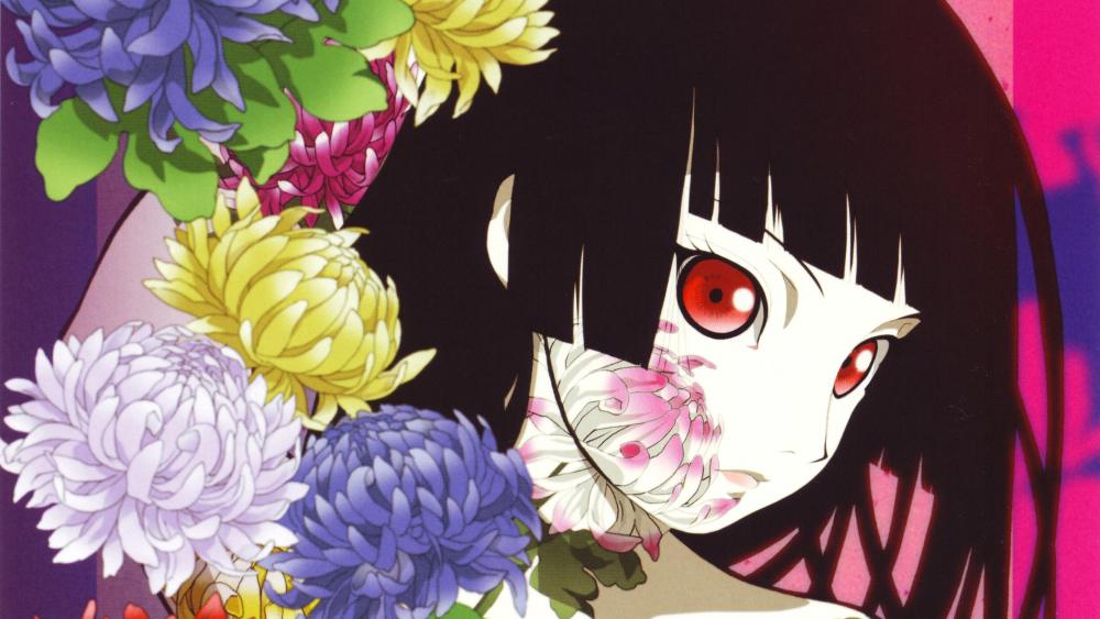 Mysterious Hell Girl with Floral Contrast wallpaper