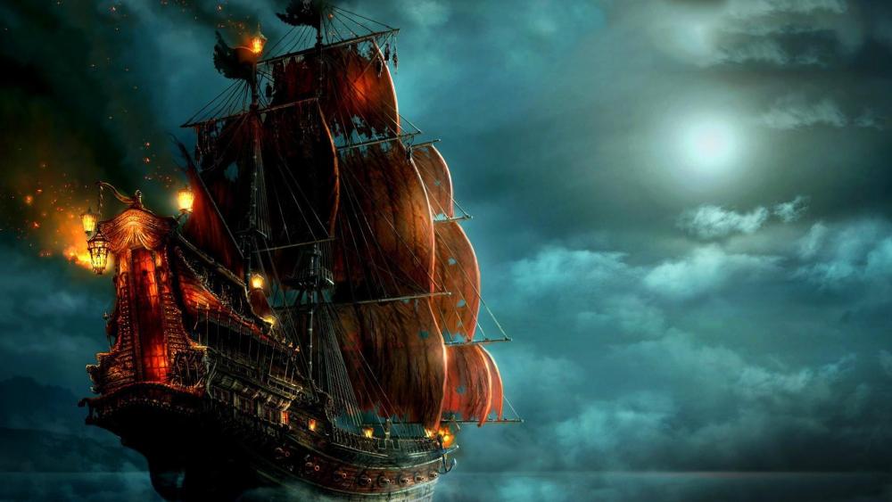 Mysterious Nighttime Schooner Sailing wallpaper
