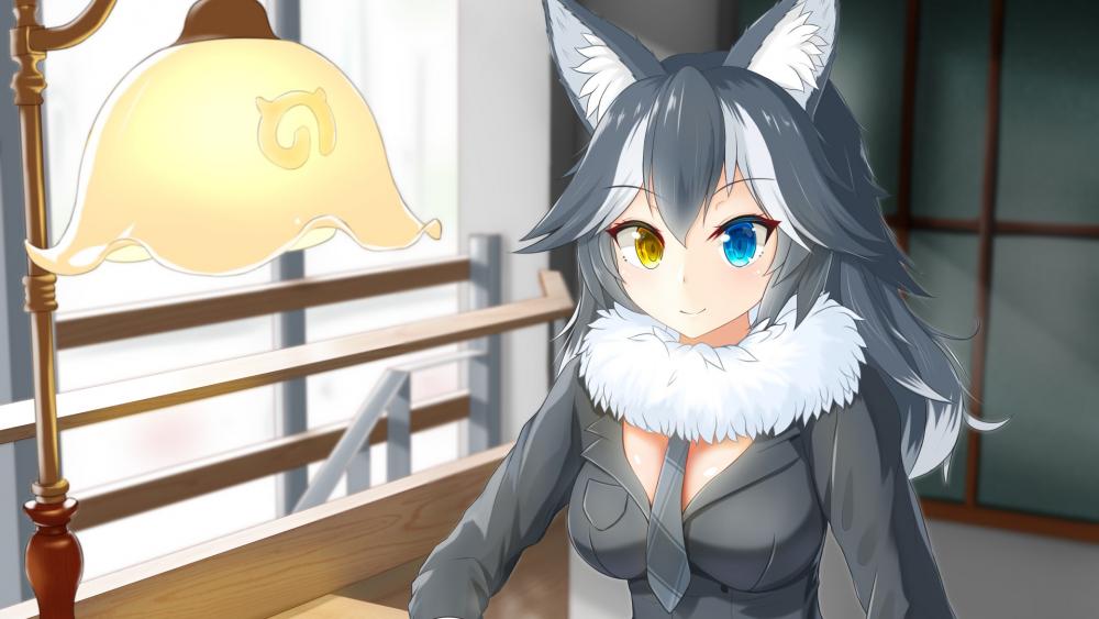 Mysterious Gray Wolf Girl in a Cozy Room wallpaper