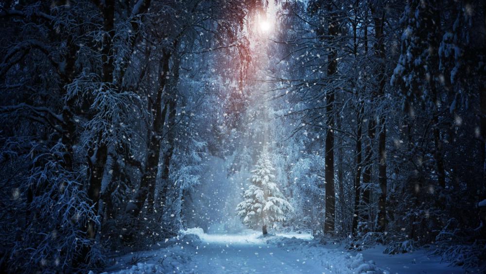 Winter's Tranquil Glow in the Forest wallpaper