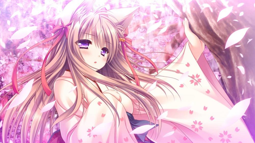 Whimsical Anime Girl in Cherry Blossom Bliss wallpaper