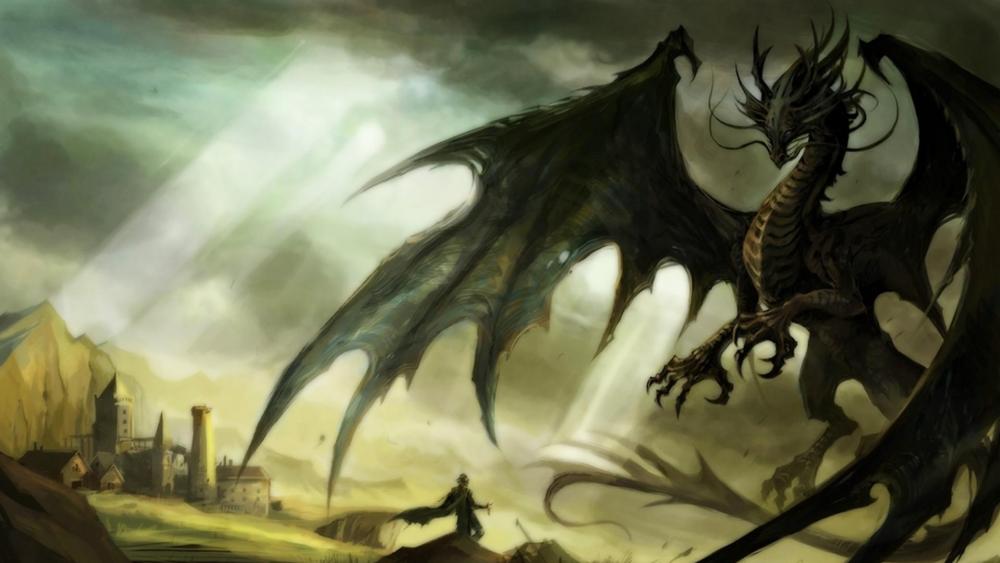 Majestic Black Dragon Overlooking Sunset Kingdom wallpaper