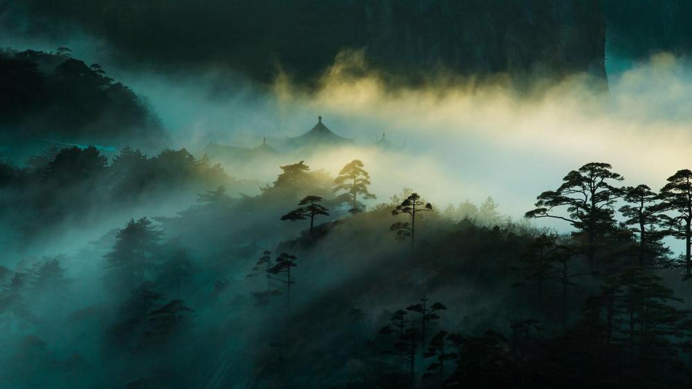 Misty Twilight Serenity in Huangshan Mountains wallpaper