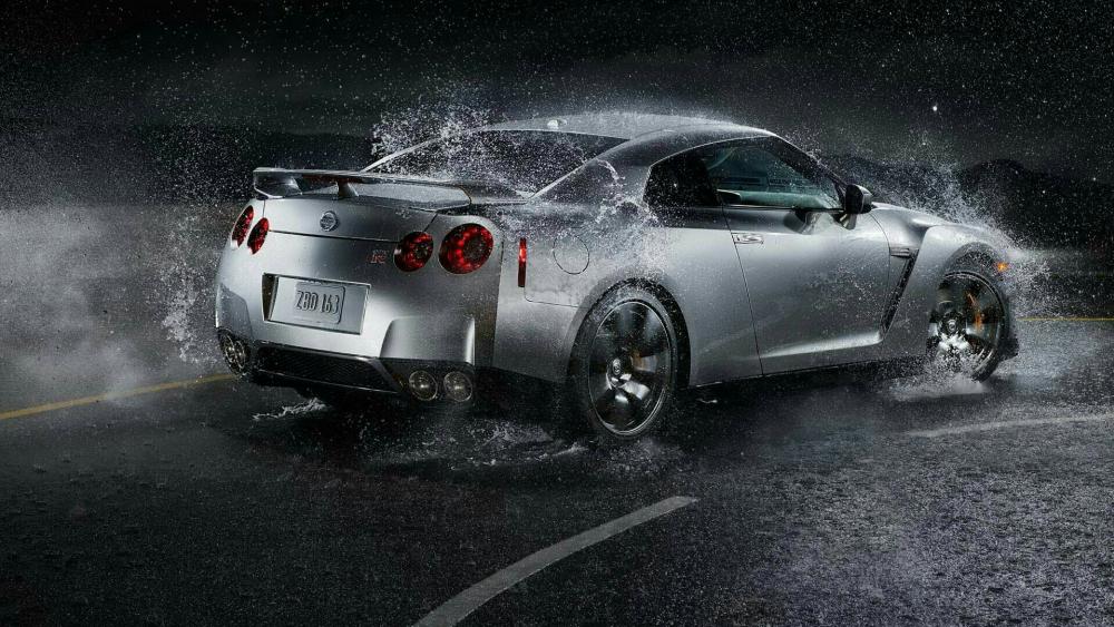 Nissan GT-R in Dramatic Rainy Showcase wallpaper