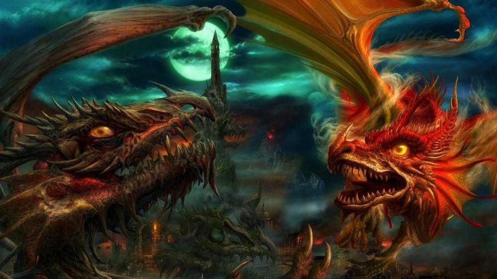 Fierce Dragons Battle Under Moonlit Sky wallpaper