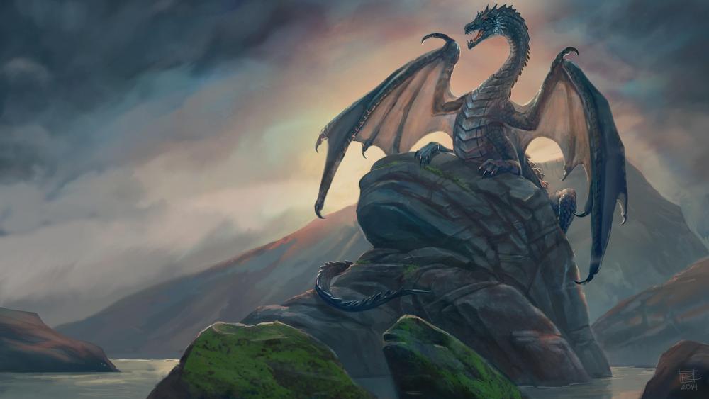 Majestic Dragon Overlooking Mountain Lake wallpaper