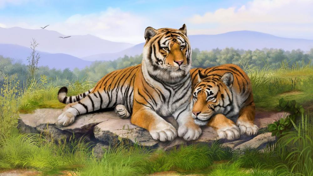 Majestic Tigers in Serene Wilderness wallpaper