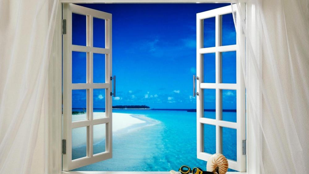 Serene Beach View Through Open Windows wallpaper