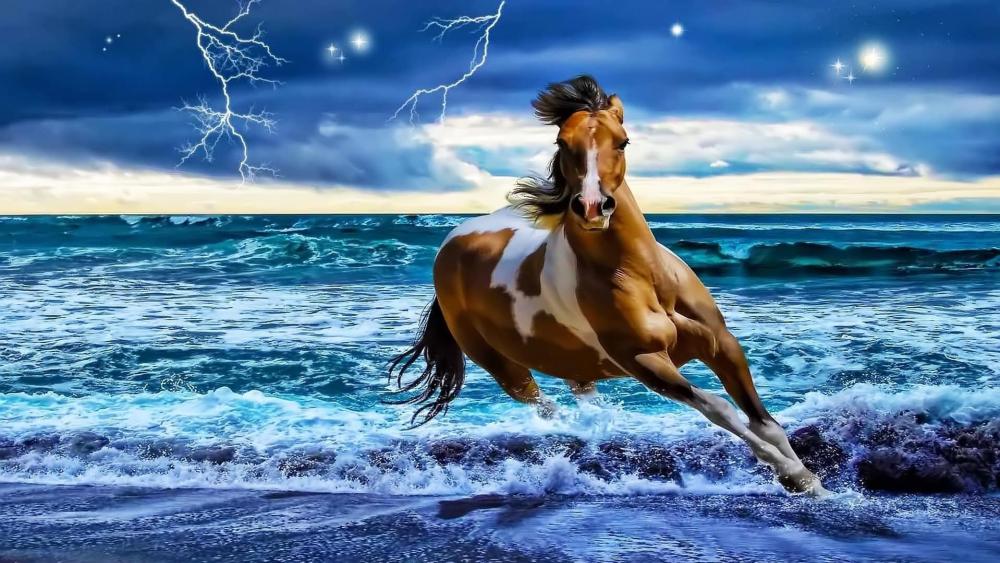 Majestic Horse Galloping on Stormy Beach wallpaper