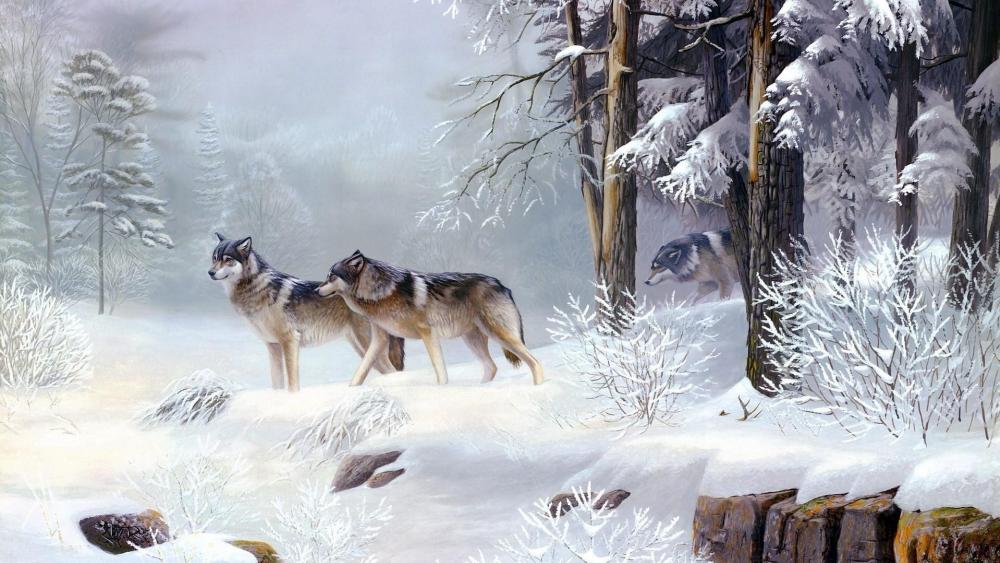 Majestic Wolves in a Winter Wonderland wallpaper