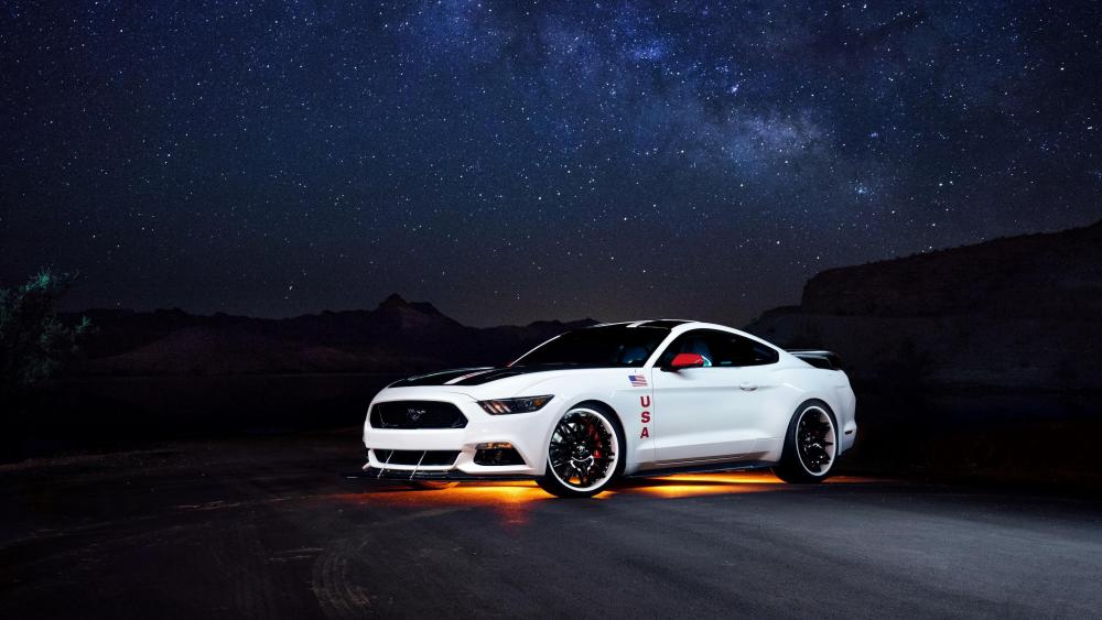 White Ford Mustang Under a Starry Sky wallpaper