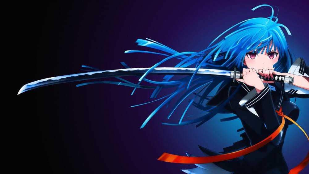 Animated Warrior with Blue Hair and Sword wallpaper