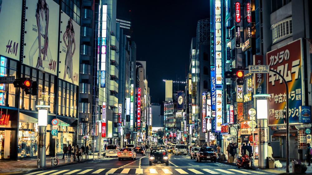 Bustling Japanese Street at Nighttime wallpaper