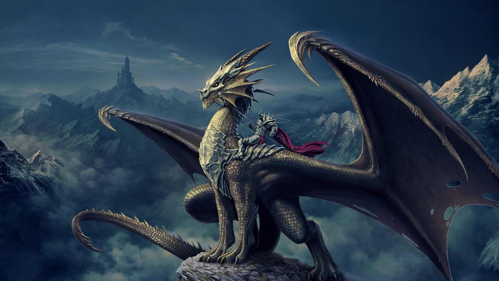 Majestic Dragon and Warrior Overlook wallpaper