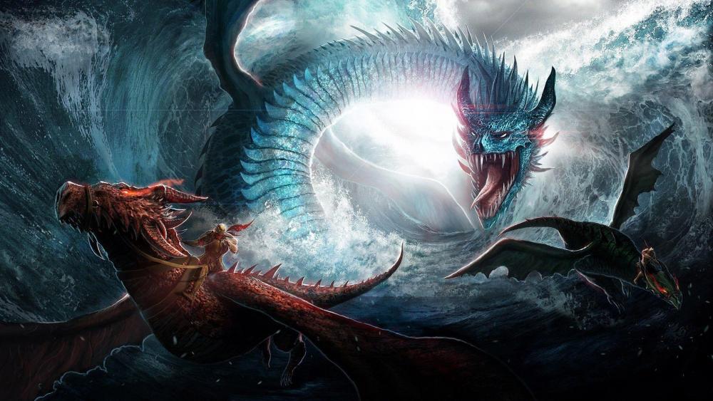Epic Dragon Battle at Sea wallpaper