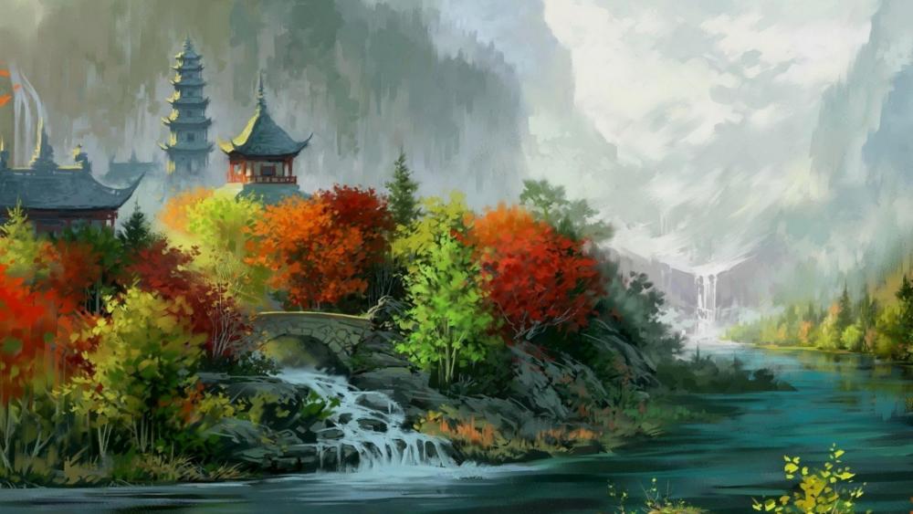Autumn Serenity at the Temple wallpaper