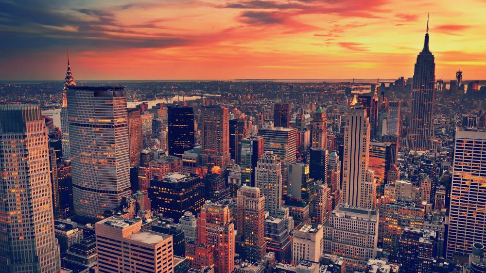 New York City Skyline at Sunset Glow wallpaper
