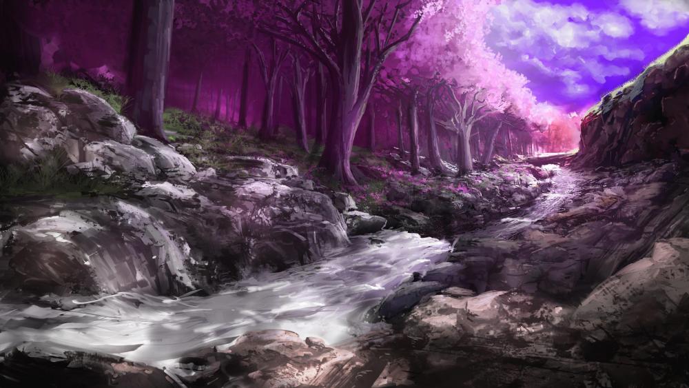 Mystical Spring River Through Purple Forest wallpaper