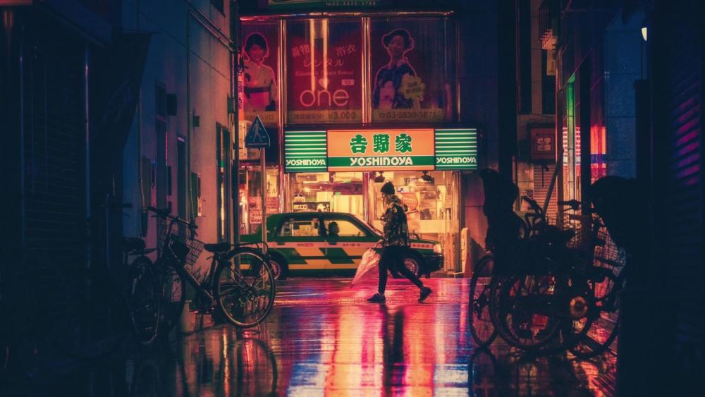 Neon Glow of a Rainy Japanese Street wallpaper