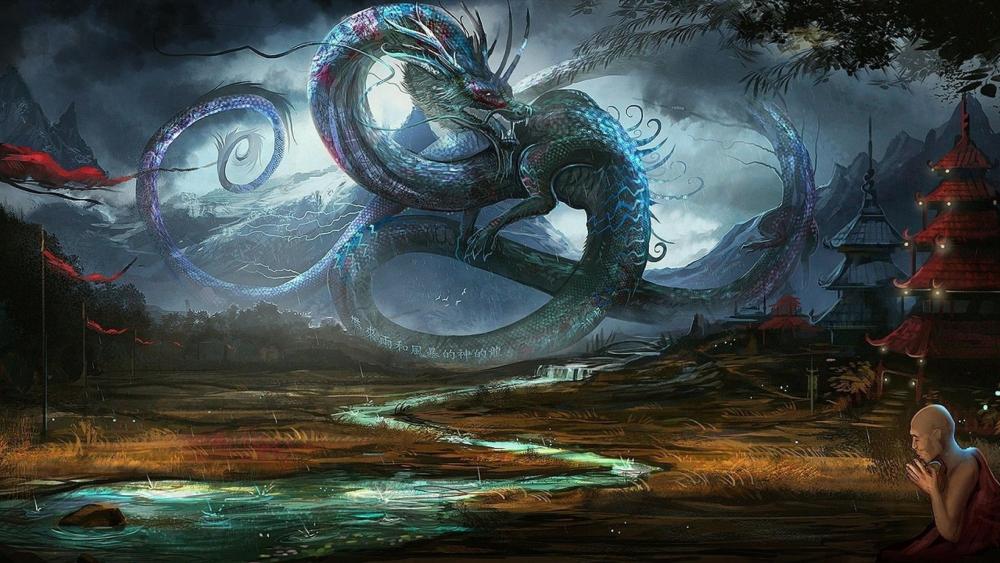 Mystical Dragon Reigns over Stormy Temple wallpaper