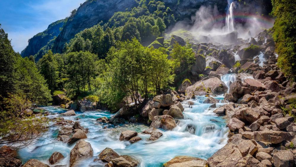 Swiss Waterfall Serenity with Rainbow Display wallpaper