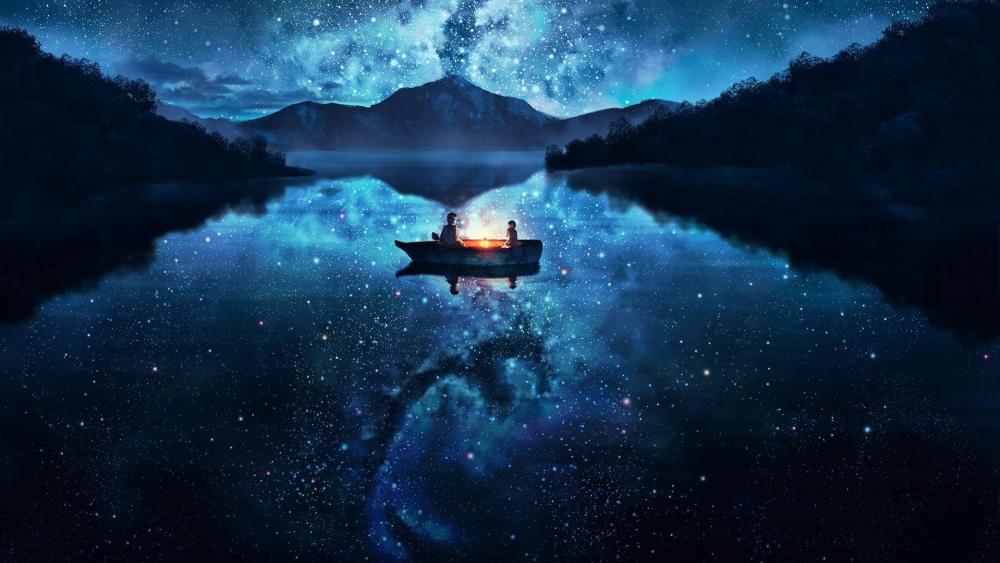 Starry Night Voyage on Tranquil Lake wallpaper