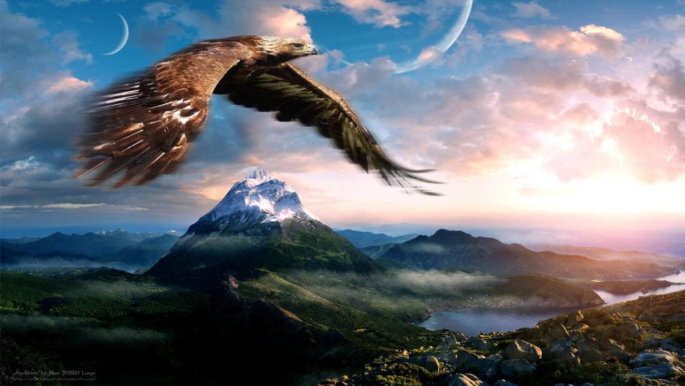 Majestic Eagle Soaring over Futuristic Terrain wallpaper