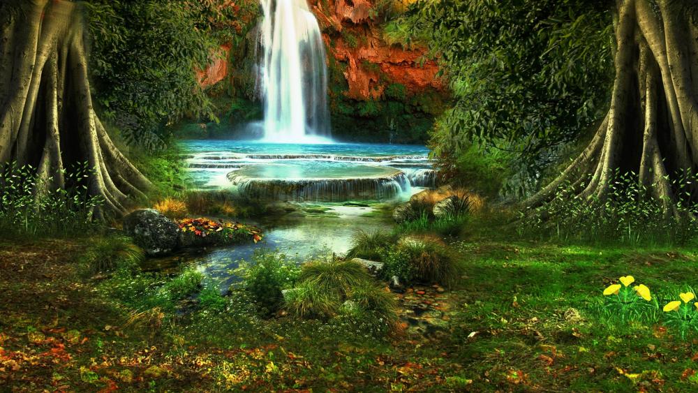 Enchanted Forest Waterfall Sanctuary wallpaper