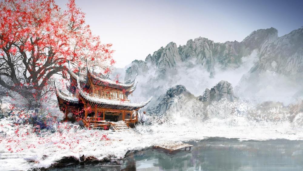 Winter's Embrace at a Traditional Japanese Dwelling wallpaper