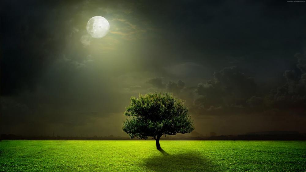 Lonely tree in the moonlight wallpaper