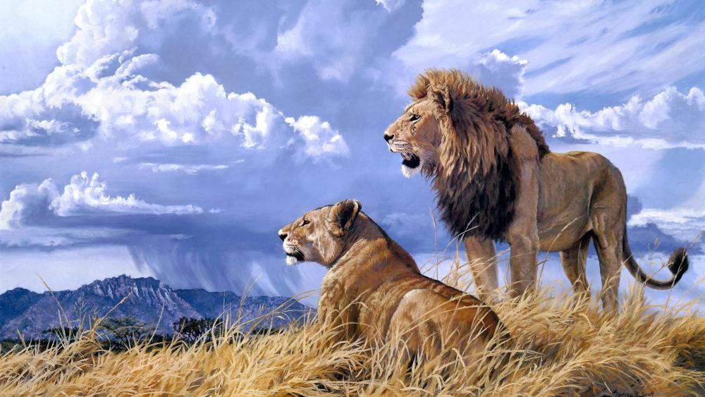 Majestic Lions Surveying the Plains wallpaper