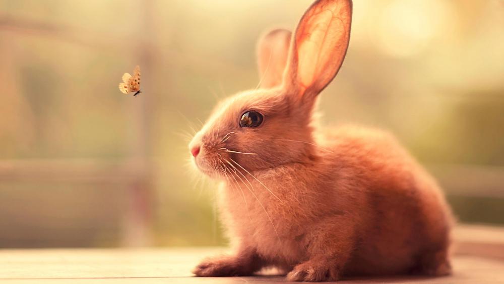 Whimsical Bunny and Butterfly Encounter wallpaper