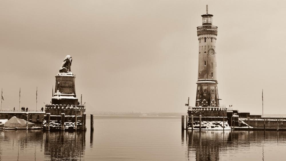 Lindau Lighthouse in winter - Monochrome photography wallpaper