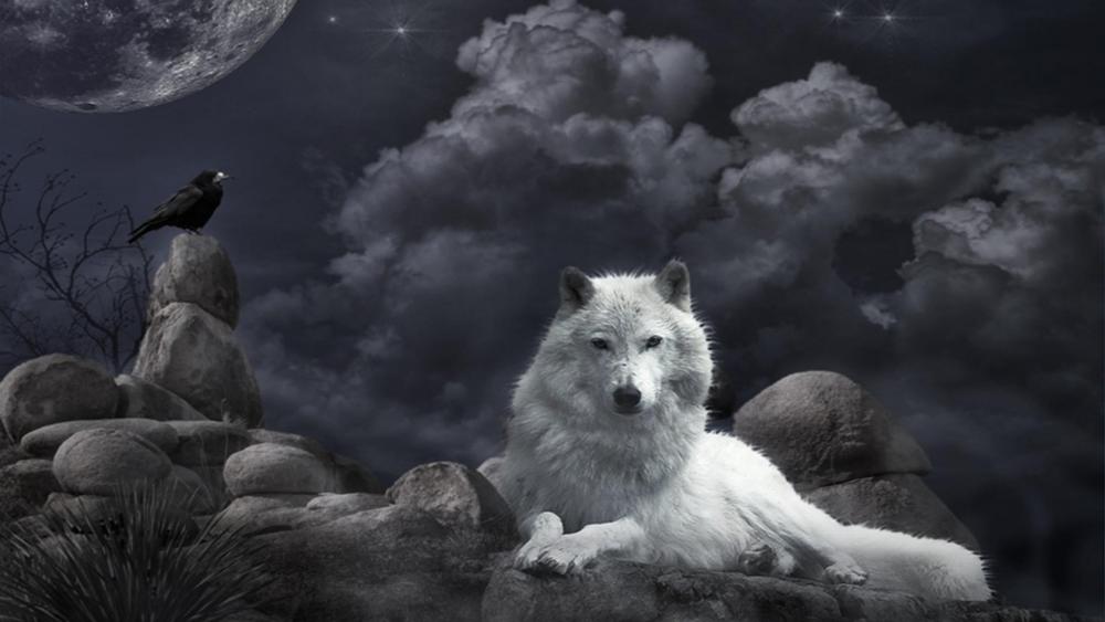 Mystical Night with Wolf and Raven wallpaper