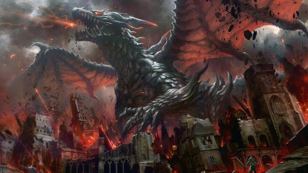 Dramatic Dragon Siege on Medieval City wallpaper
