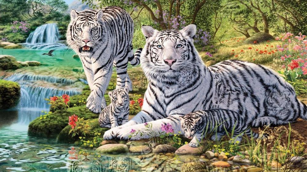 Majestic White Tiger Family in a Waterfall Haven wallpaper