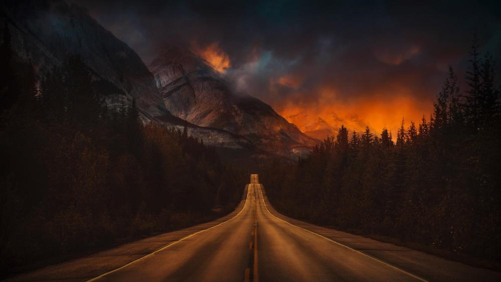 Mountain Road Amidst Fiery Sky wallpaper