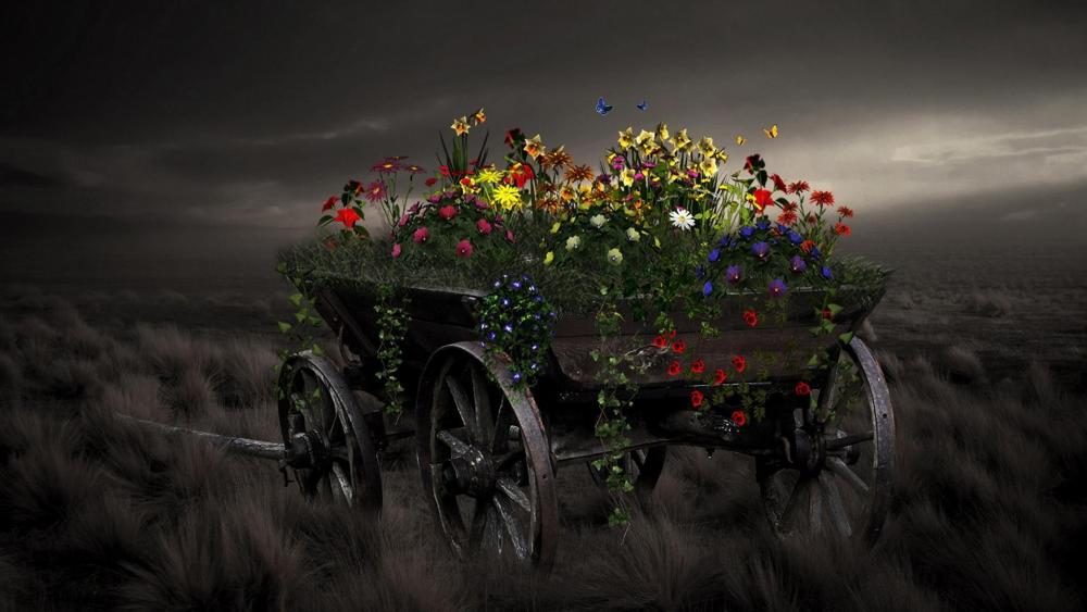 Vintage Cart Blooming with Wildflowers wallpaper