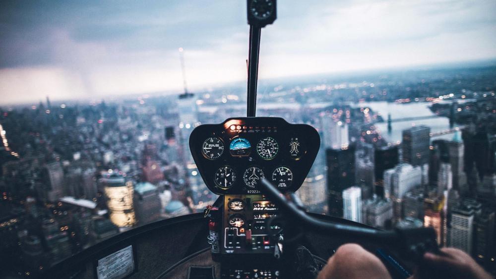Helicopter Over Cityscape at Dusk wallpaper